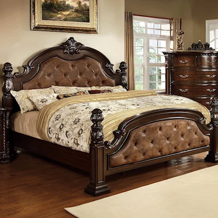 Traditional Queen Poster Bed with Button Tufted Head and Footbaord